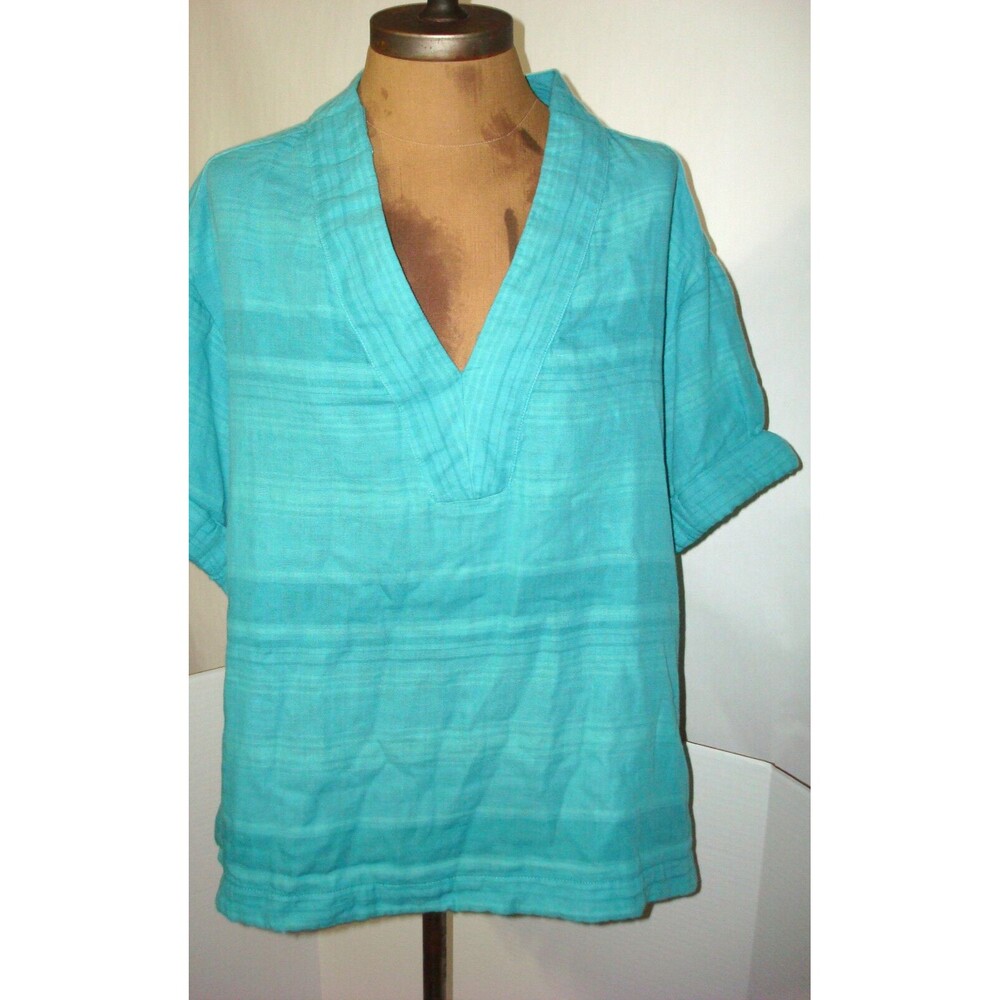 New Womens NWT XL Retro Teal Green Stripe Organic SS PrAna Fit Aqua Blue Top Kai